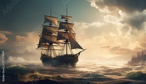 Old sailing ship floats through the sea. Generative AI   © Diatomic