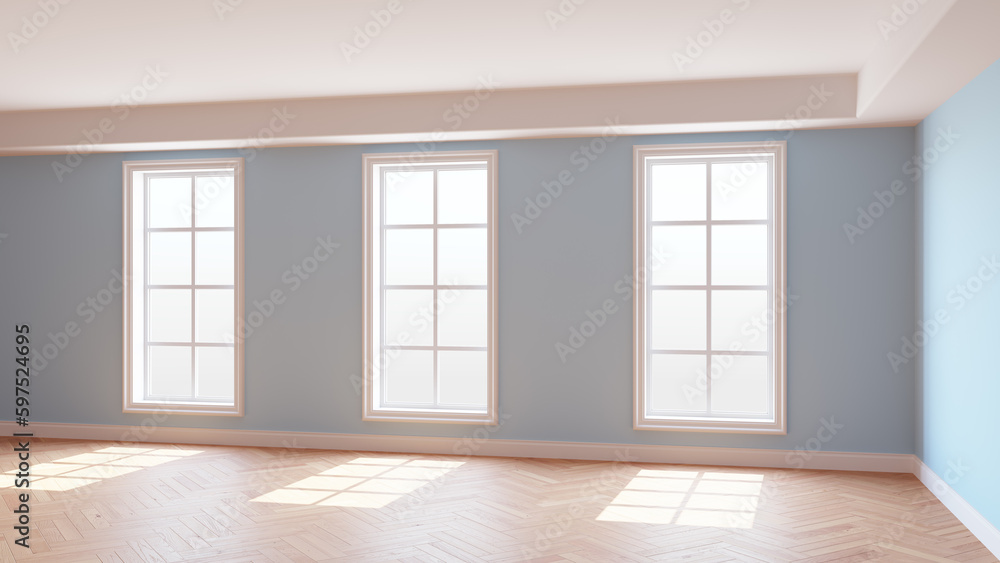 Obraz premium Sunny Interior of the Light Blue Room with Three Large Windows, Light Glossy Herringbone Parquet Floor and a white Plinth. Beautiful Concept of the Empty Room. 3D illustration, Ultra HD 8K, 7680x4320