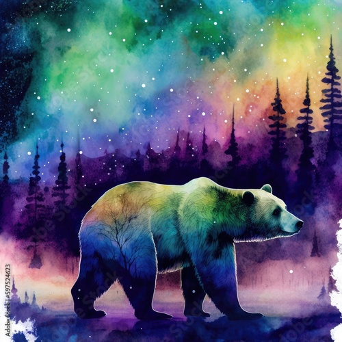 Magical Bear in Watercolor with Aurora Borealis Background