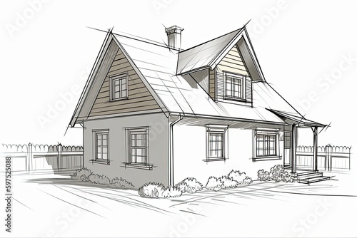 Hand drawn style architectural sketch detached house. Generative AI photo