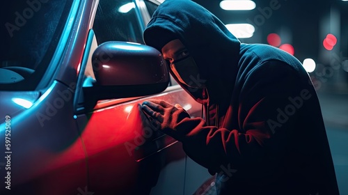 Car thief in mask tries to open car door for stealing transportation at night lighting, anonymous motor vehicle theft use auto theft tools stealing auto transportation, generative AI