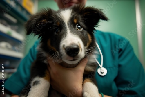 A happy border collie puppy being held by a veterinarian - animal health medical concept