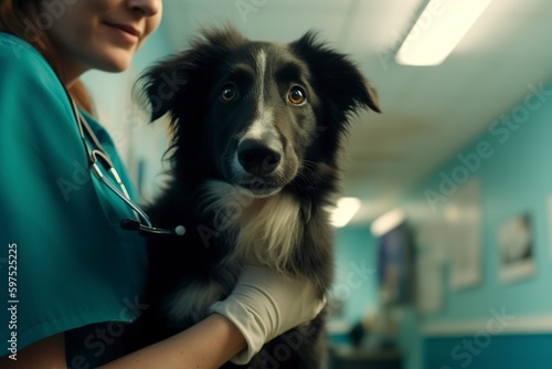A happy border collie puppy being held by a veterinarian - animal health medical concept © EOL STUDIOS