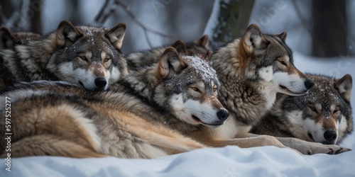 A pack of wolves sleeping in the snow  concept of Animal behavior  created with Generative AI technology