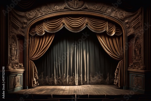 Empty theater stage with brown curtains