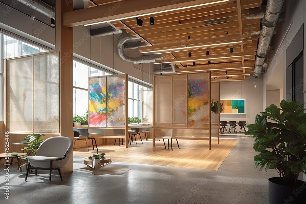 custom made wallpaper toronto digitalInterior photography of a stylish corporate open plan office with colorful abstract prints on the wall and flexible layout - Generative AI
