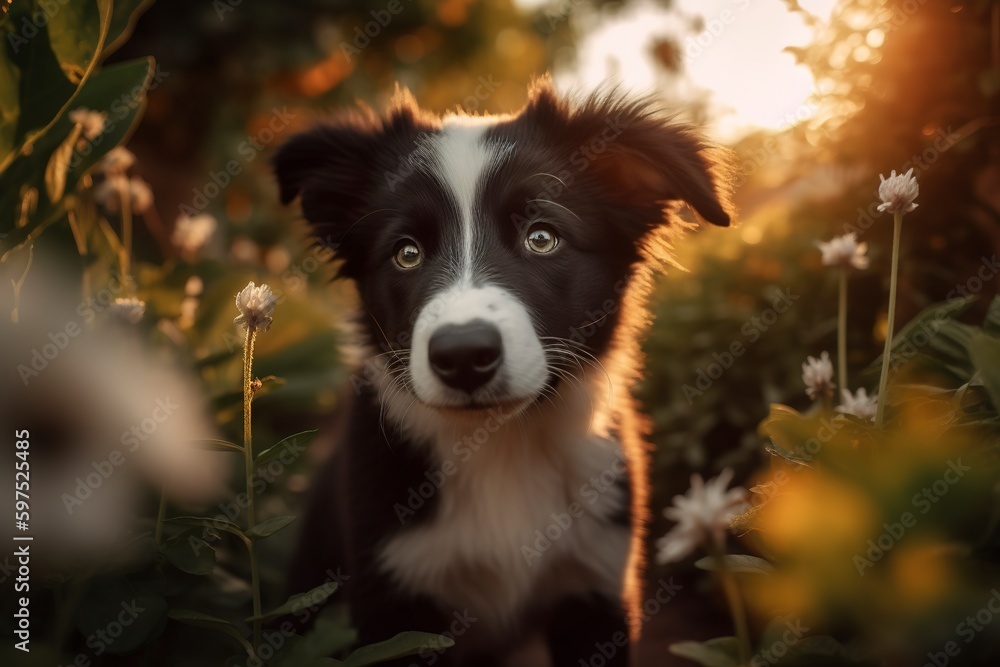 A happy Border Collie dog puppy playing in a beautiful home garden in spring, summer. Emotional cute dog outdoor concept.