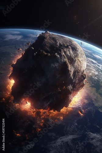 Giant meteorite impact the earth. Armageddon, Asteroid In Collision With Planet view from space - Generative AI
