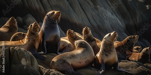 A group of sea lions basking in the sun on a rocky shore, concept of Coastal ecology, created with Generative AI technology