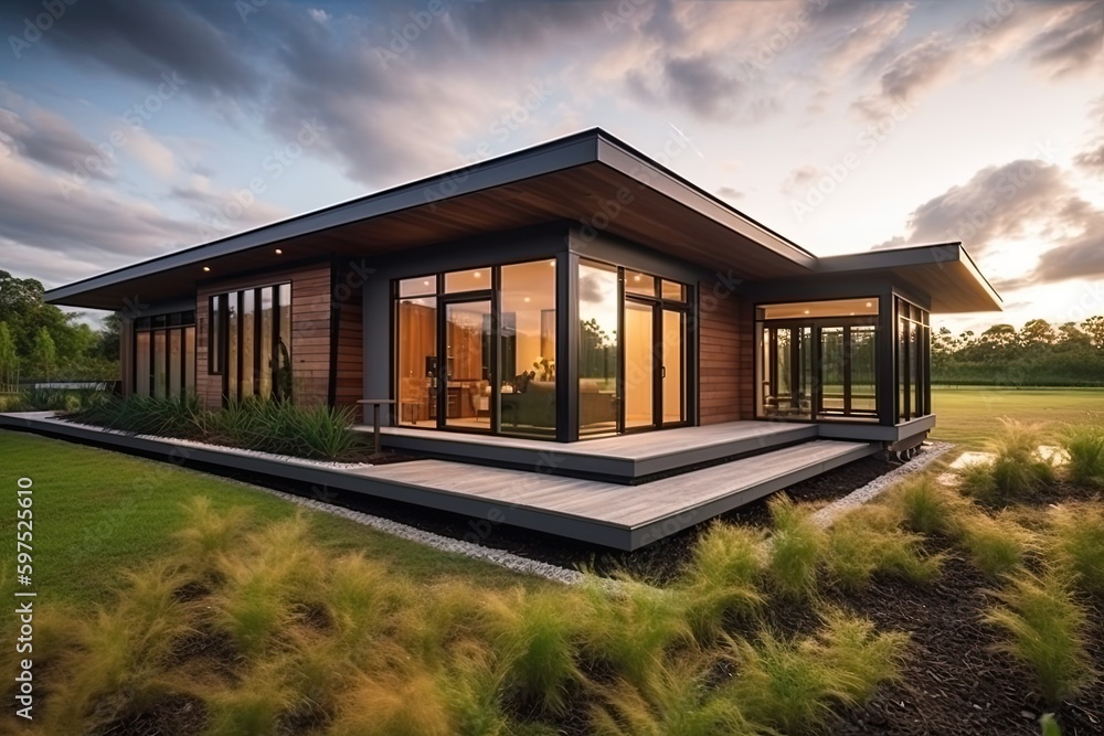 Modern house in the sunset.. Generative AI Modern house in the sunset.. Generative AI
