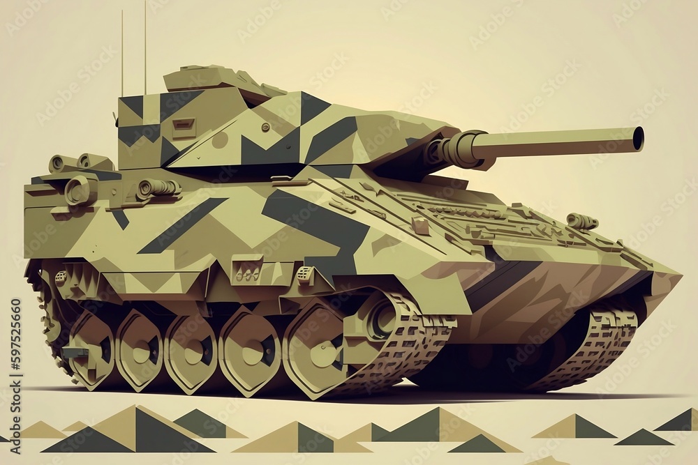Geometric illustration of a battle tank, in khaki colors