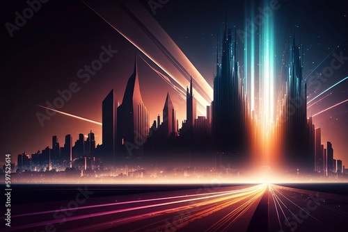 Futuristic view of colored light lines over the city of the future