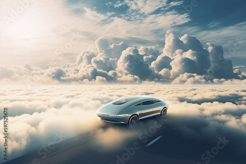 Electric car on the way to heaven. Generative AI  © Ornavi