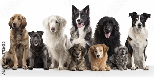 A group of different breed dogs isolated on white background - Generative AI