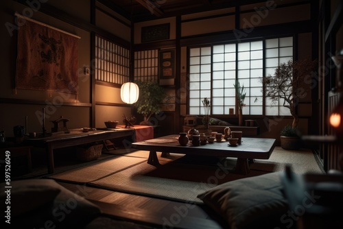 Living room interior in Japanese style. Generative AI