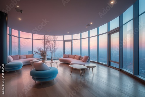 Modern interior in pink and blue colors. Apartment design with large windows. Generative AI photo