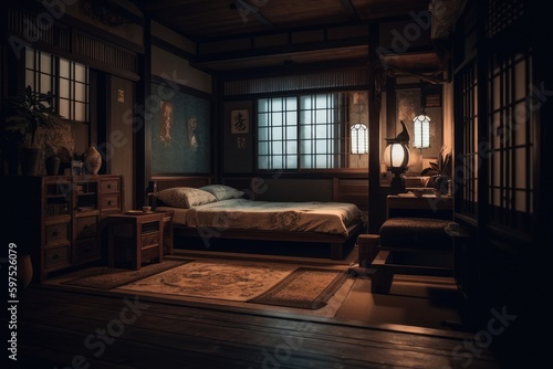 Japanese style room interior. Bedroom with Japanese style bed. Generative AI