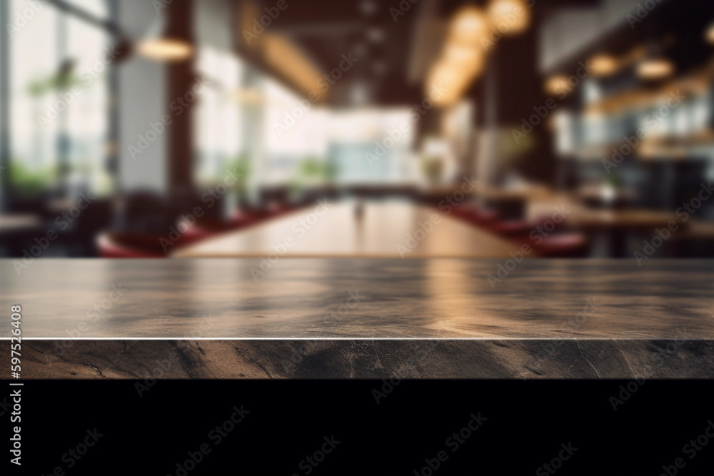 restaurant and kitchen interior with blurred background with empty wooden table with free space for product display and mockup, copy space, small depth of field, ai generated – human enhanced