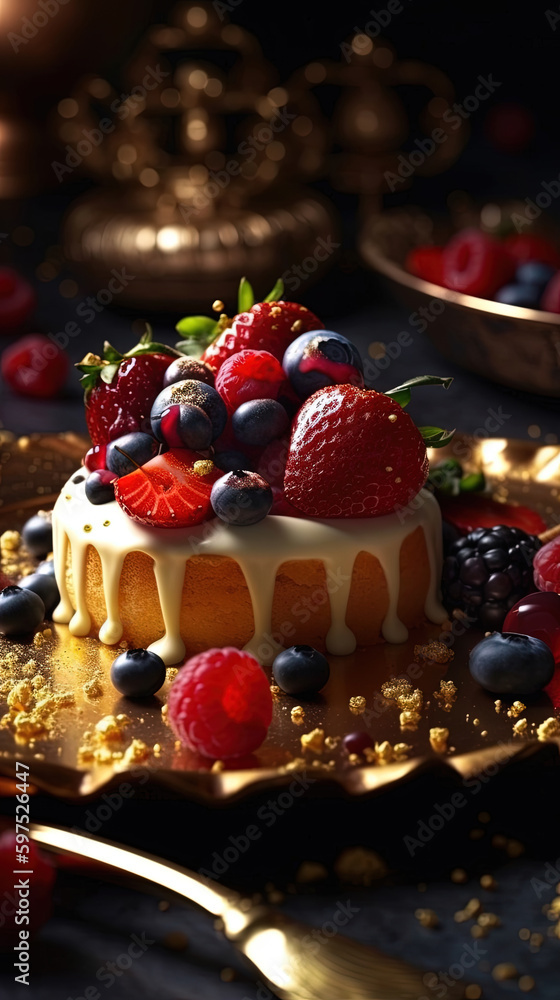 Golden Dessert With The Most Delicate Cream and Juicy Berries AI Generative
