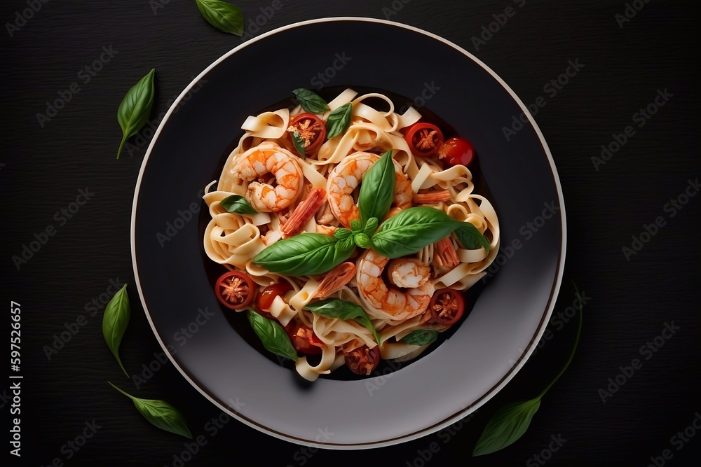Italian fettuccine with tomatoes, prawn and basil on ceramic plate