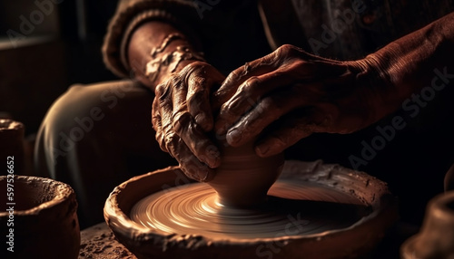 Craftsperson turning clay on pottery wheel, creating vase generated by AI photo
