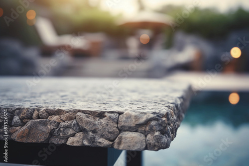 garden with pool blurred background with empty marble table with free space for product display and mockup, copy space, small depth of field, ai generated – human enhanced