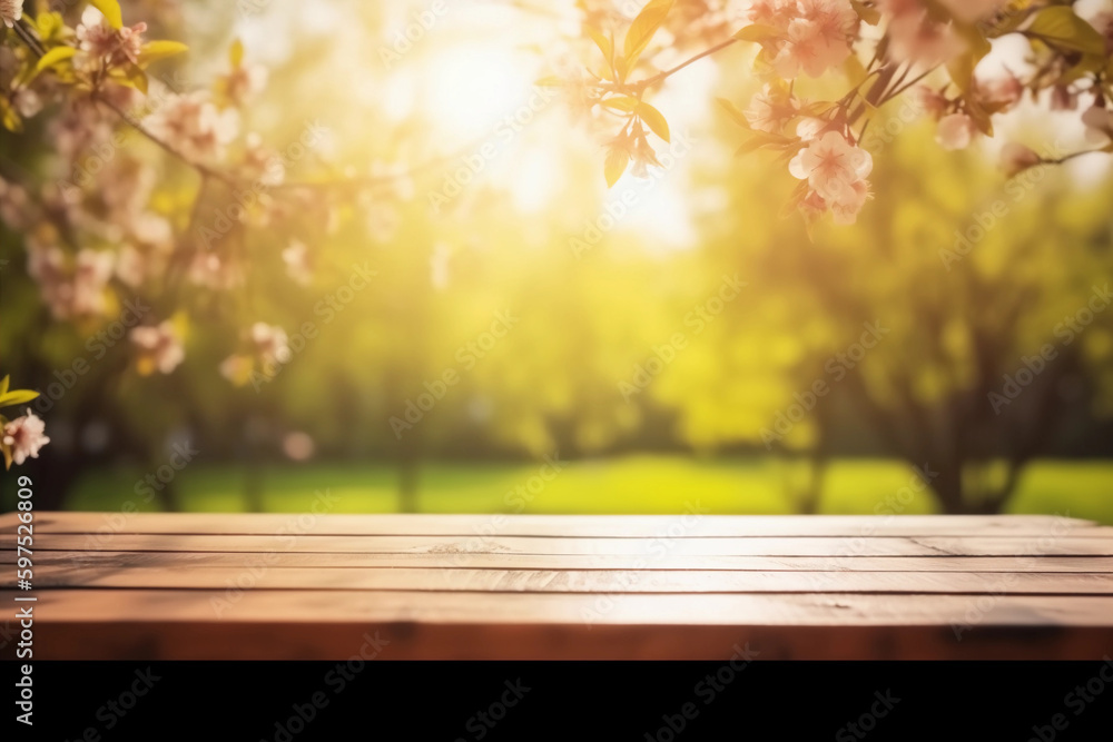 Summer garden with flowering tree and blurred background with empty wooden table with free space for product display and mockup, copy space, small depth of field, ai generated – human enhanced Summer garden with flowering tree and blurred background with empty wooden table with free space for product display and mockup, copy space, small depth of field, ai generated – human enhanced