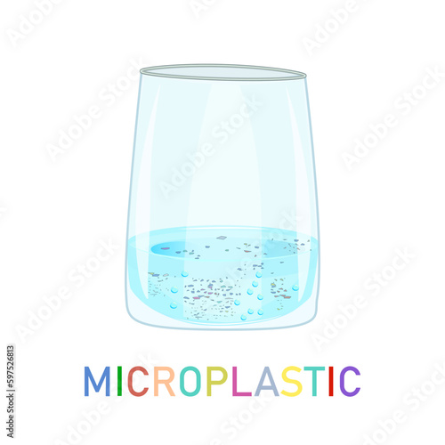 Glass with water and microplastic on white background. Water contaminated with micro plastics. Detection harmful substances in water.Polluted ocean problem.Drinking water pollution.Vector illustration
