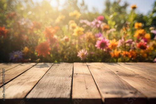 Summer garden with colorful flowers during sunset. blurred background with empty wooden table with free space for product display and mockup, copy space, small depth of field, ai generated © cwiela_CH