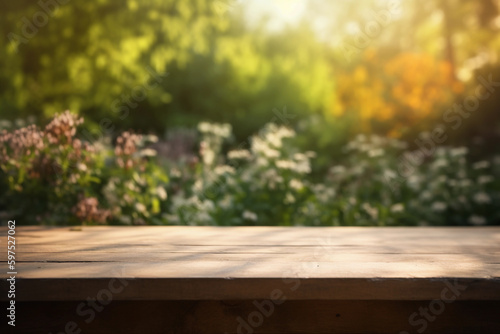 Summer garden with colorful flowers during sunset. blurred background with empty wooden table with free space for product display and mockup, copy space, small depth of field, ai generated