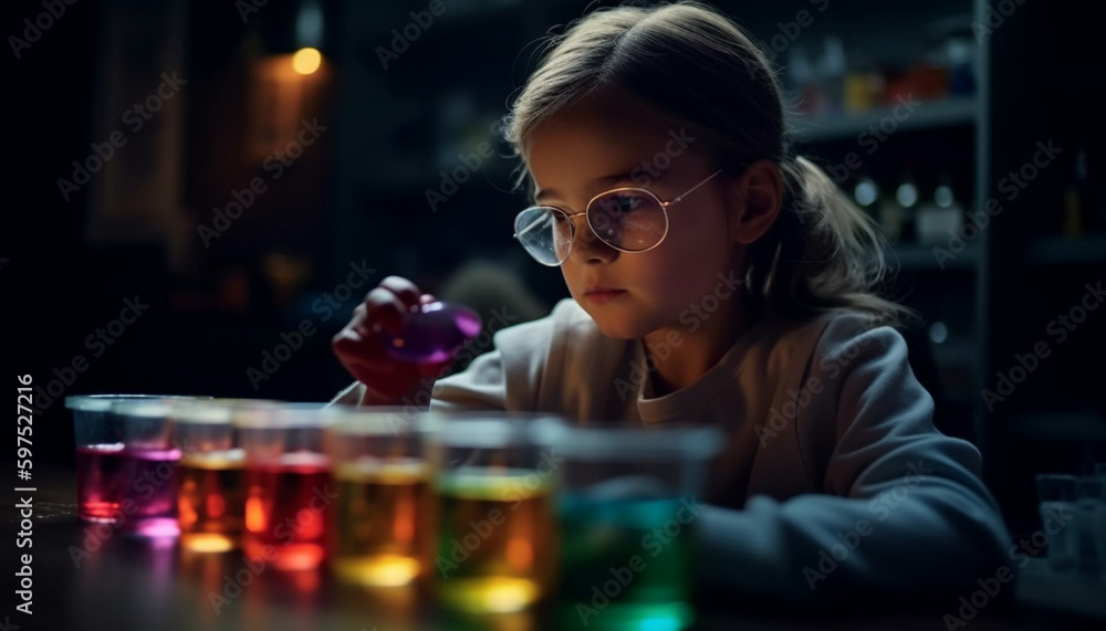 Cute Caucasian girl learning science, mixing liquid generated by AI Cute Caucasian girl learning science, mixing liquid generated by AI