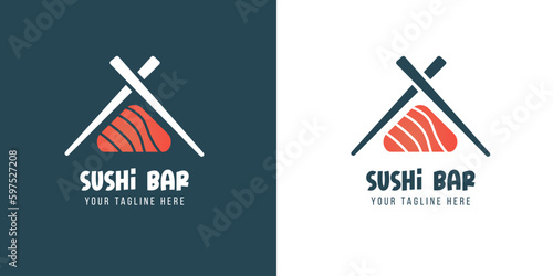 Sushi logo template. Japanese traditional cuisine, tasty food icon. japanese text translation "sushi". asian sushi bar vector logo