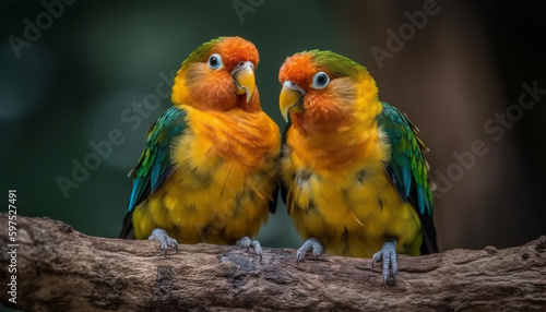 Vibrant macaws perching on branch in nature generated by AI