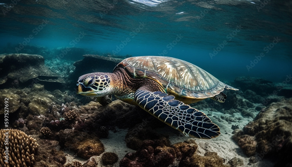 Underwater beauty Hawksbill turtle swimming in reef generated by AI