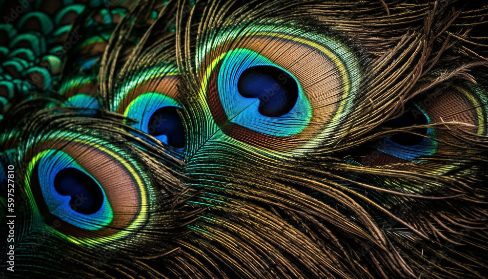 Fototapeta premium Vibrant peacock feathers showcase nature beauty in motion generated by AI