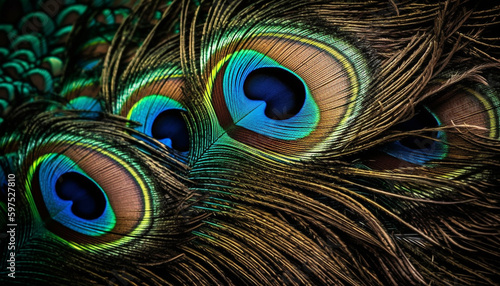 Vibrant peacock feathers showcase nature beauty in motion generated by AI