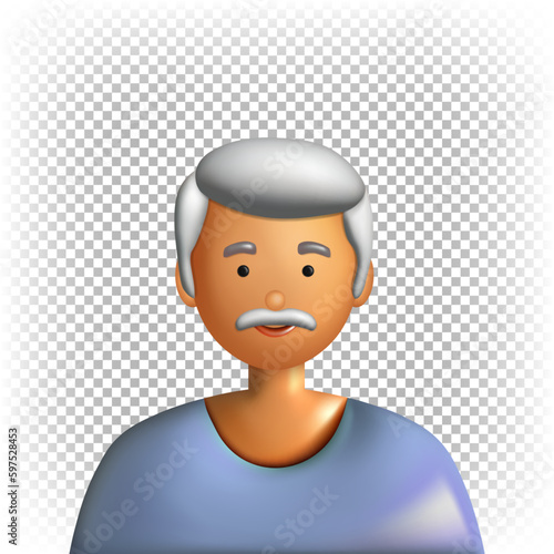 A gray-haired retired man with a mustache. Vector 3d character isolated on white background. Icon, avatar, portrait.