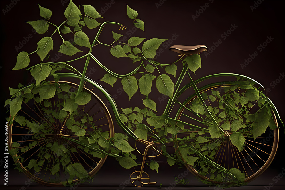 The bicycle is covered with a juicy tendril of green leaves The bicycle is covered with a juicy tendril of green leaves