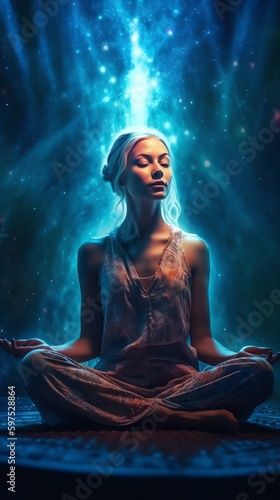 Woman in meditation. Inner space, outer space