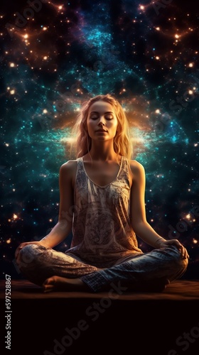 Woman in meditation. Inner space  outer space