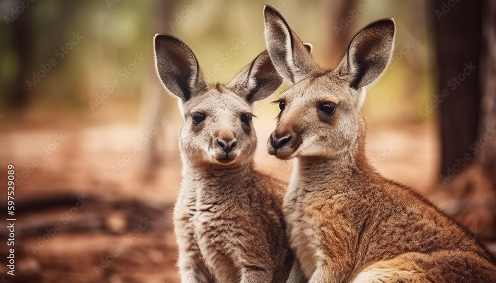 Fototapeta premium Fluffy alpaca and hare sitting in meadow generated by AI