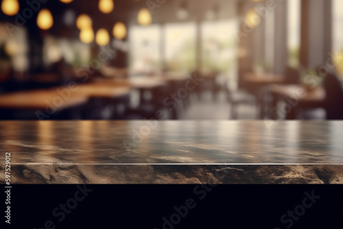 restaurant and kitchen interior with blurred background with empty marble table with free space for product display and mockup  copy space  small depth of field  ai generated     human enhanced