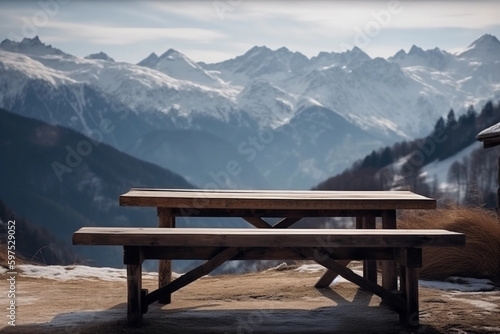big mountains covered in snow and forest in winter, blurred background with empty wooden table with free space for product display and mockup, copy space, small depth of field, ai generated