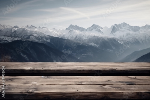big mountains covered in snow and forest in winter,   blurred background with empty wooden table with free space for product display and mockup, copy space, small depth of field, ai generated © cwiela_CH