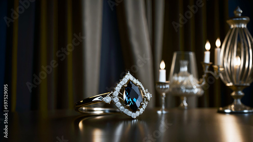 A luxurious diamond ring placed on a black wooden table in a lavish bedroom