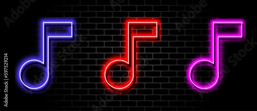 glowing Quaver icon isolated on brick wall,neon style.glowing music note sign.