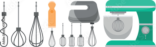 Set of various kitchen devices in a cartoon style. Vector illustration of kitchen appliances: food processor, mixer with nozzles, blender, whisk isolated on a white background.