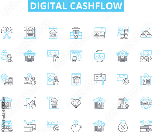 Digital cashflow linear icons set. Cryptocurrency, Blockchain, Transactions, Decentralization, Efficiency, Security, Peer-to-peer line vector and concept signs. Digital wallet,micropayments,Mining photo