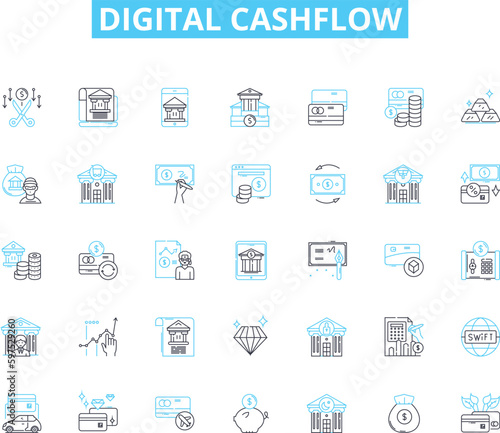 Digital cashflow linear icons set. Cryptocurrency, Blockchain, Transactions, Decentralization, Efficiency, Security, Peer-to-peer line vector and concept signs. Digital wallet,micropayments,Mining
