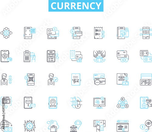 Currency linear icons set. My, Exchange, Cash, Dollars, Euro, Yen, Peso line vector and concept signs. Francs,Yuan,Dirham outline illustrations